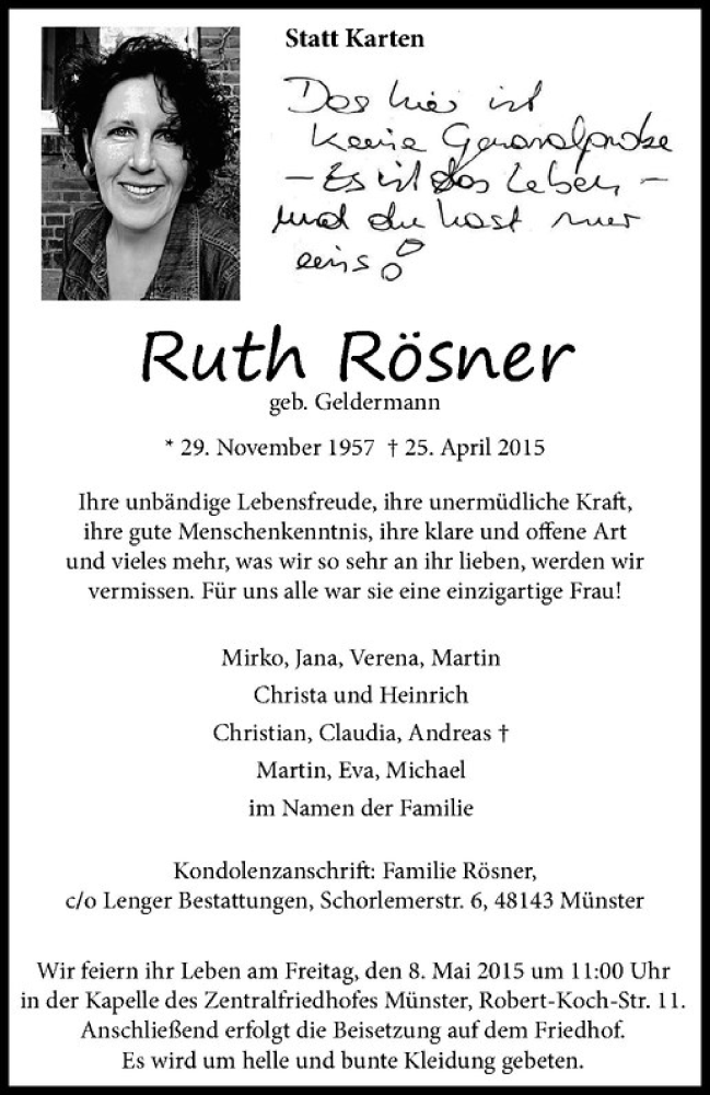  Traueranzeige für Ruth Rösner vom 02.05.2015 aus Westfälische Nachrichten