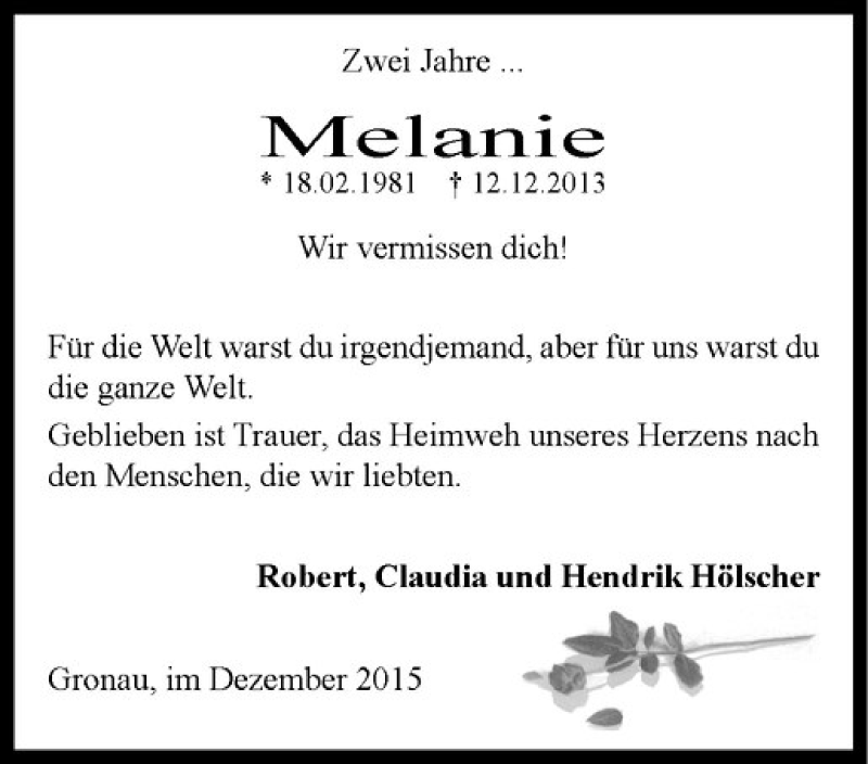  Traueranzeige für Melanie Niesel vom 12.12.2015 aus Westfälische Nachrichten