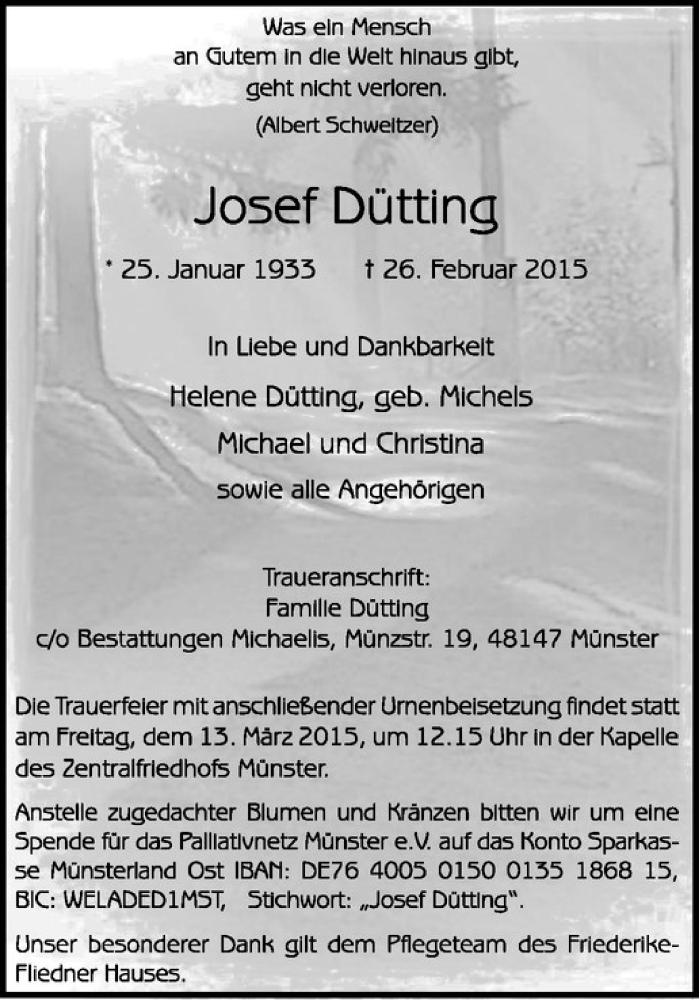  Traueranzeige für Josef Dütting vom 07.03.2015 aus Westfälische Nachrichten