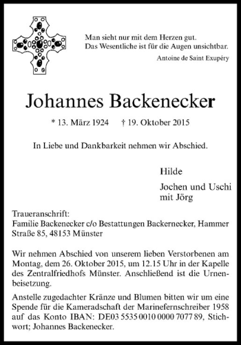 Anzeige von Johannes Backenecker von Westfälische Nachrichten