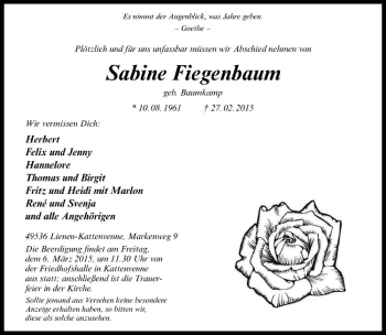 Anzeige von Sabine Fiegenbaum von Westfälische Nachrichten