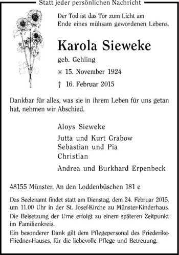 Anzeige von Karola Sieweke von Westfälische Nachrichten