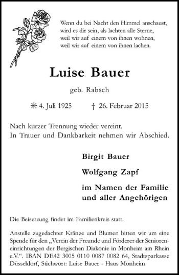 Anzeige von Luise Bauer von Westfälische Nachrichten