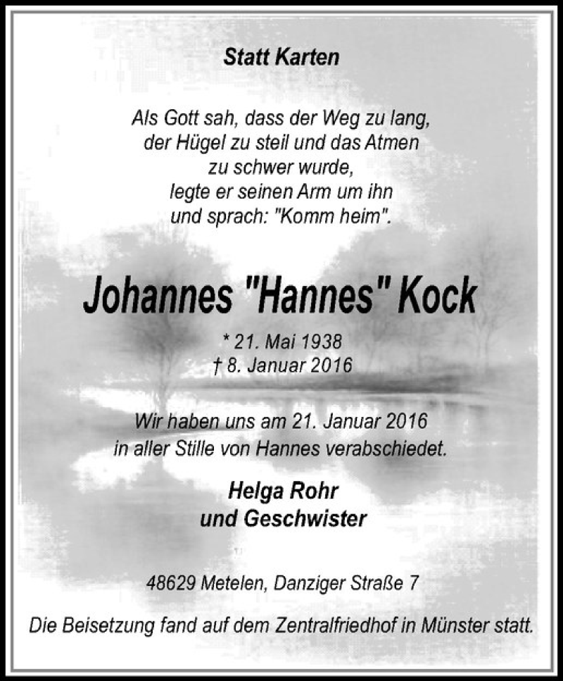  Traueranzeige für Johannes Kock vom 25.01.2016 aus Westfälische Nachrichten
