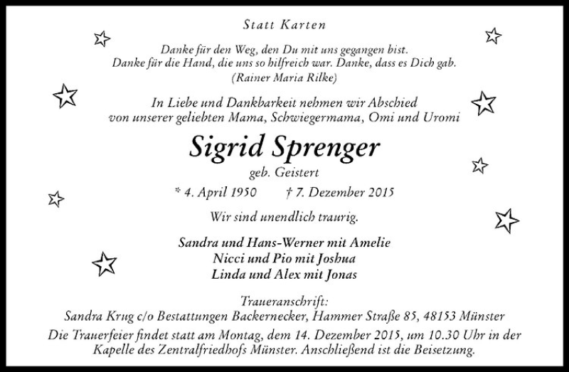  Traueranzeige für Sigrid Sprenger vom 09.12.2015 aus Westfälische Nachrichten