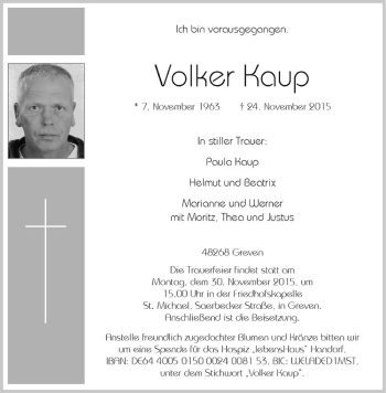 Anzeige von Volker Kaup von Westfälische Nachrichten