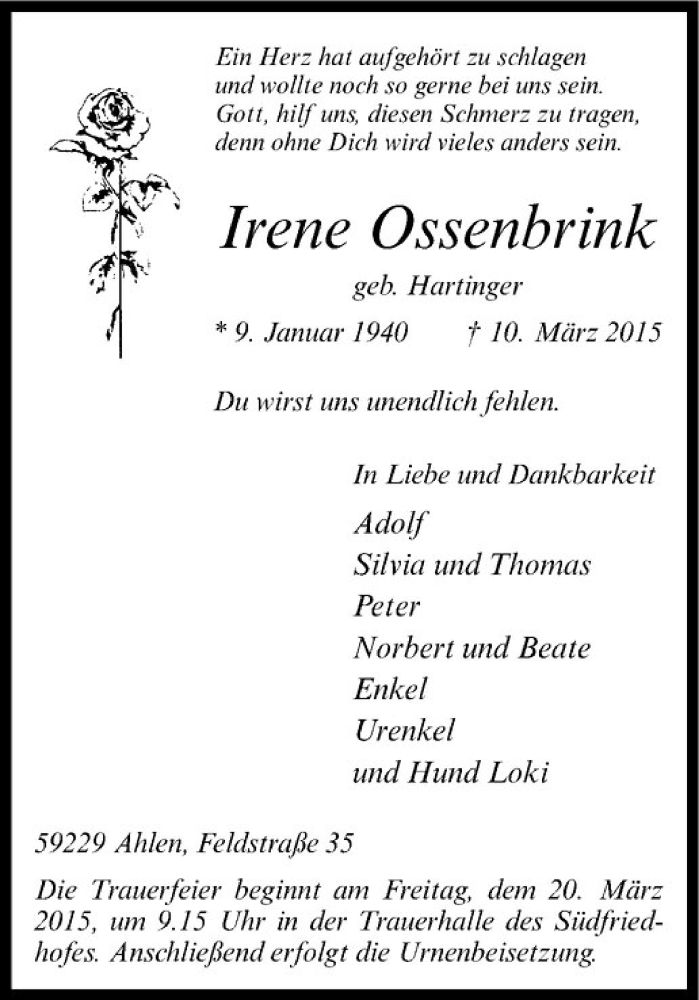  Traueranzeige für Irene Ossenbrink vom 18.03.2015 aus Westfälische Nachrichten