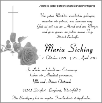 Anzeige von Maria Sicking von Westfälische Nachrichten