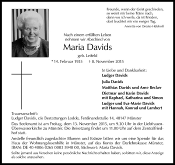 Anzeige von Maria Davids von Westfälische Nachrichten