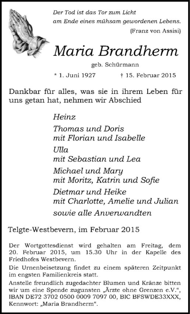  Traueranzeige für Maria Brandherm vom 18.02.2015 aus Westfälische Nachrichten