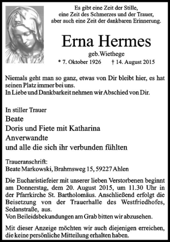 Anzeige von Erna Hermes von Westfälische Nachrichten