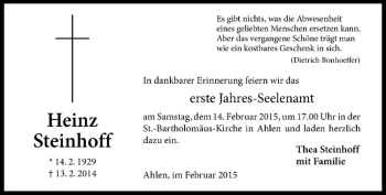 Anzeige von Heinz Steinhoff von Westfälische Nachrichten