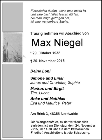Anzeige von Max Niegel von Westfälische Nachrichten