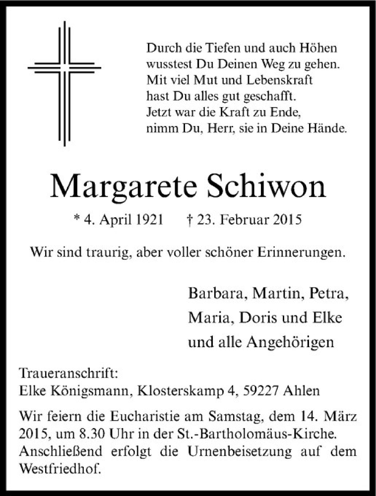  Traueranzeige für Margarete Schiwon vom 09.03.2015 aus Westfälische Nachrichten