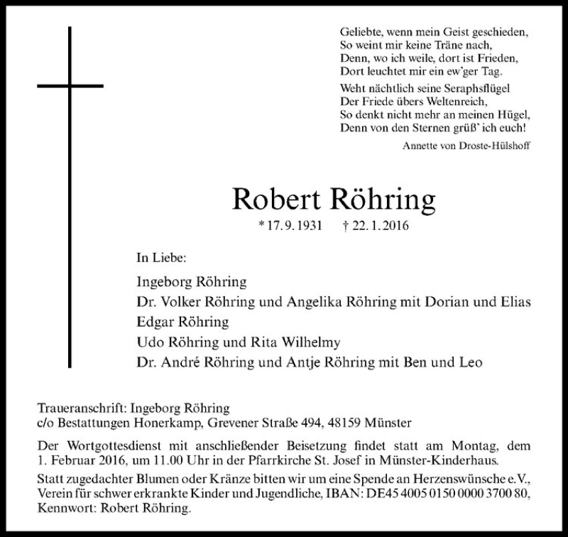  Traueranzeige für Robert Röhring vom 26.01.2016 aus Westfälische Nachrichten