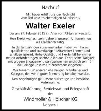 Anzeige von Walter Exeler von Westfälische Nachrichten