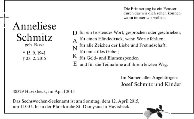  Traueranzeige für Anneliese Schmitz vom 03.04.2015 aus Westfälische Nachrichten