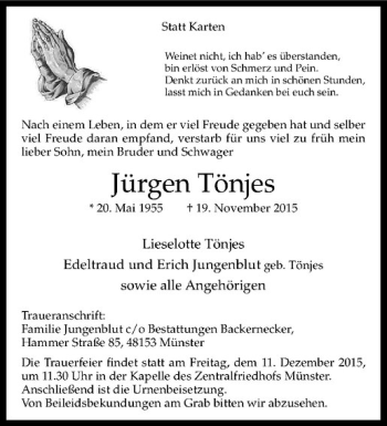 Anzeige von Jürgen Tönjes von Westfälische Nachrichten