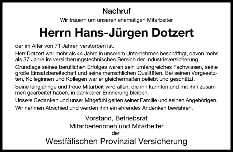  Traueranzeige für Hans-Jürgen Dotztert vom 16.03.2015 aus Westfälische Nachrichten