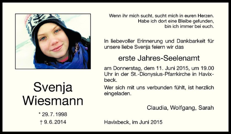  Traueranzeige für Svenja Wiesmann vom 06.06.2015 aus Westfälische Nachrichten