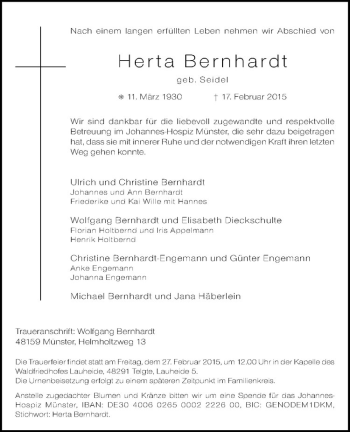 Anzeige von Herta Bernhardt von Westfälische Nachrichten