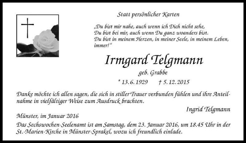  Traueranzeige für Irmgard Telgmann vom 19.01.2016 aus Westfälische Nachrichten