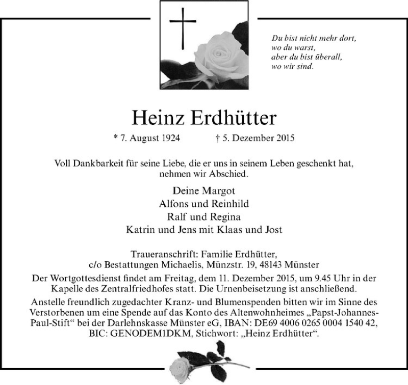  Traueranzeige für Heinz Erdhütter vom 09.12.2015 aus Westfälische Nachrichten