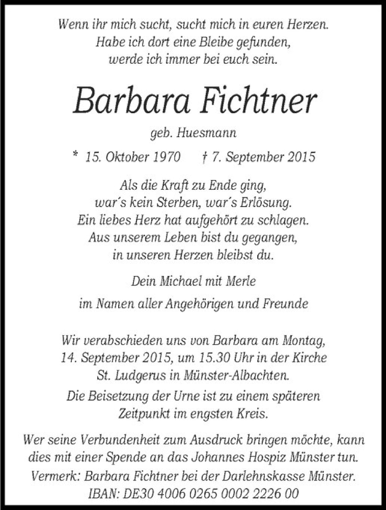  Traueranzeige für Barbara Fichtner vom 12.09.2015 aus Westfälische Nachrichten