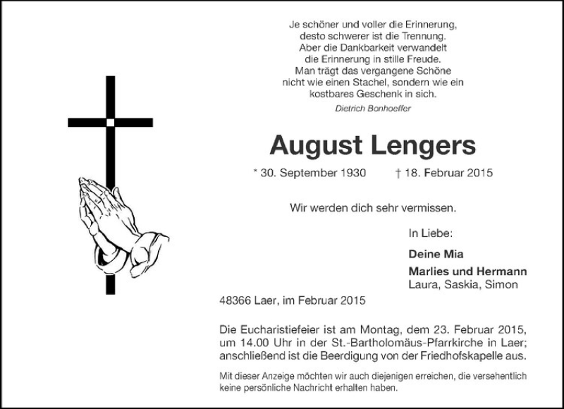  Traueranzeige für August Lengers vom 21.02.2015 aus Westfälische Nachrichten