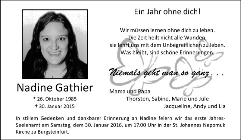  Traueranzeige für Nadine Gathier vom 23.01.2016 aus Westfälische Nachrichten