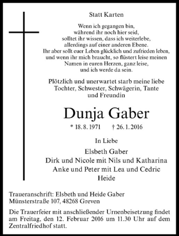 Anzeige von Dunja Gaber von Westfälische Nachrichten