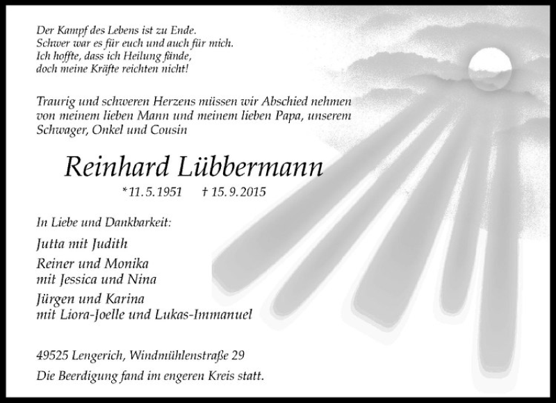  Traueranzeige für Reinhard Lübbermann vom 19.09.2015 aus Westfälische Nachrichten