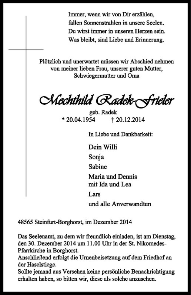  Traueranzeige für Mechthild Radek-Frieler vom 24.12.2014 aus Westfälische Nachrichten