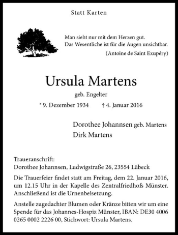 Anzeige von Ursula Martens von Westfälische Nachrichten