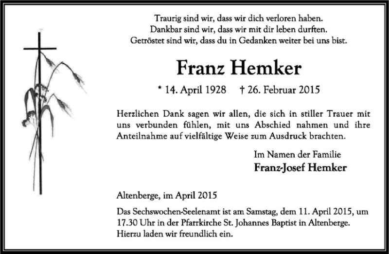  Traueranzeige für Franz Hemker vom 08.04.2015 aus Westfälische Nachrichten