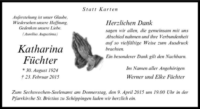 Traueranzeige für Katharina Füchter vom 07.04.2015 aus Westfälische Nachrichten