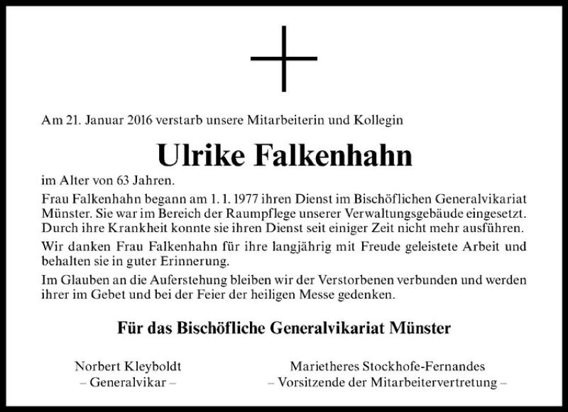  Traueranzeige für Ulrike Maria Falkenhahn vom 30.01.2016 aus Westfälische Nachrichten