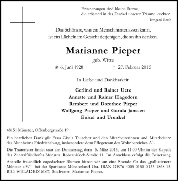 Anzeige von Marianne Pieper von Westfälische Nachrichten