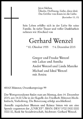 Anzeige von Gerhard Wenzel von Westfälische Nachrichten