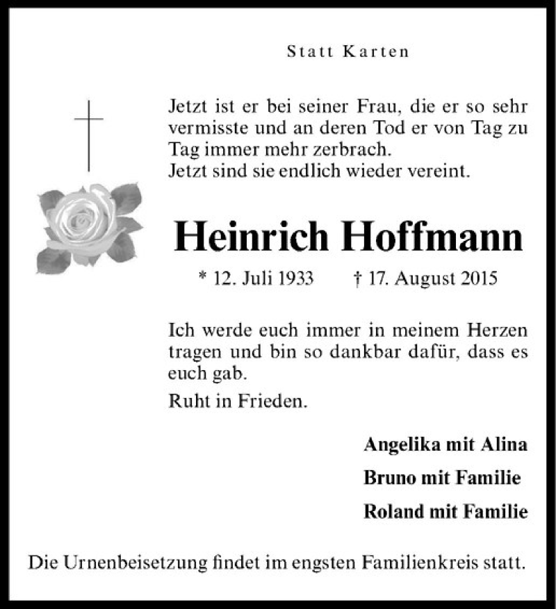  Traueranzeige für Heinrich Hoffmann vom 05.09.2015 aus Westfälische Nachrichten