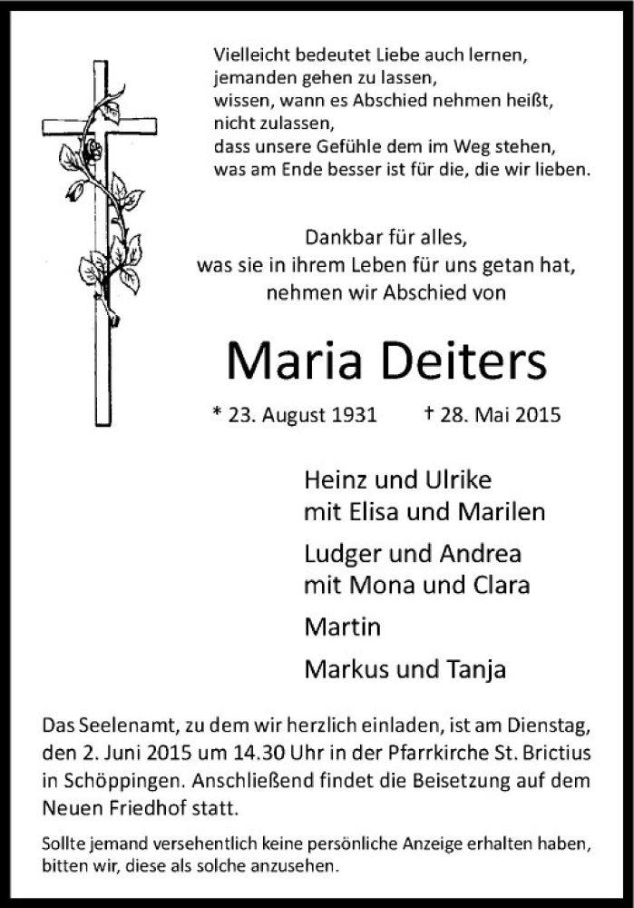  Traueranzeige für Maria Deiters vom 30.05.2015 aus Westfälische Nachrichten