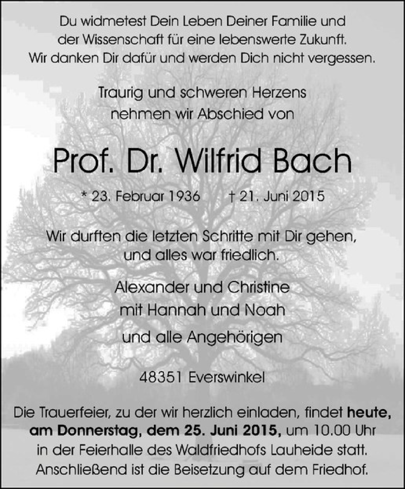  Traueranzeige für Wilfrid Bach vom 25.06.2015 aus Westfälische Nachrichten