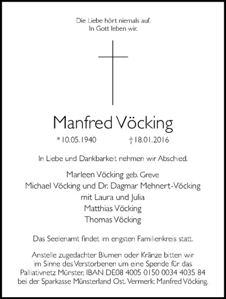  Traueranzeige für Manfred Vöcking vom 22.01.2016 aus Westfälische Nachrichten