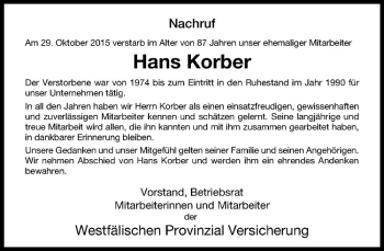 Anzeige von Hans Korber von Westfälische Nachrichten