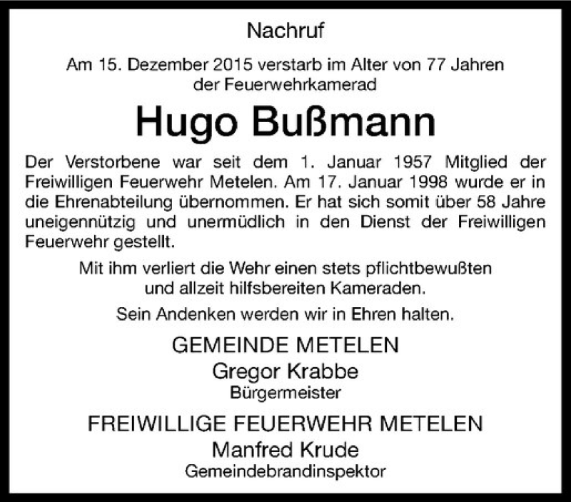  Traueranzeige für Hugo Bußmann vom 18.12.2015 aus Westfälische Nachrichten