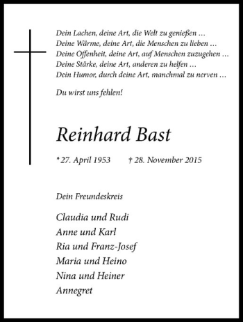 Anzeige von Reinhard Bast von Westfälische Nachrichten