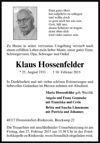 Anzeige von Klaus Hossenfelder von Westfälische Nachrichten
