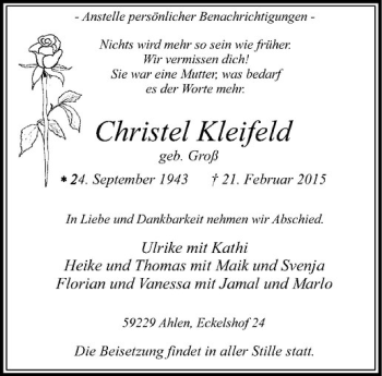 Anzeige von Christel Kleifeld von Westfälische Nachrichten