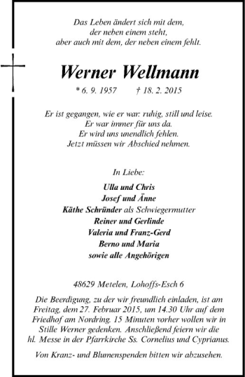 Anzeige von Werner Wellmann von Westfälische Nachrichten