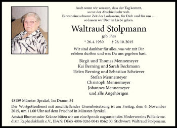 Anzeige von Waltraud Stolpmann von Westfälische Nachrichten
